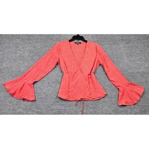 Lulus Red Polka Dot Wrap Top Long Bell Sleeve V-Neck Tie Waist Blouse Small